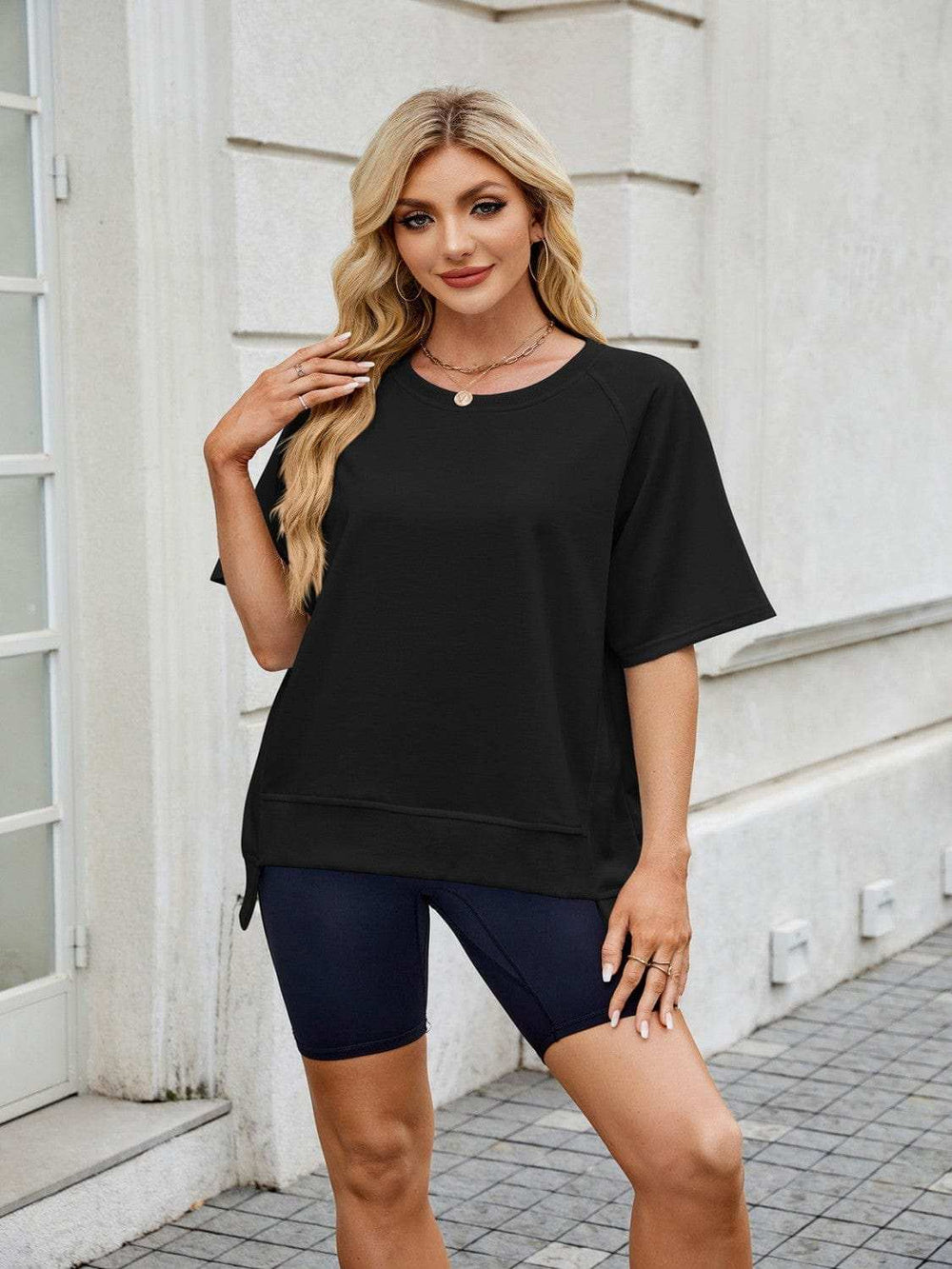Round Neck Short Sleeve T-Shirt - Trendsi - Flyclothing LLC