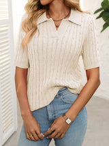 Mandy Cable Knit Johnny Collar Half Sleeve Sweater - Trendsi - Flyclothing LLC