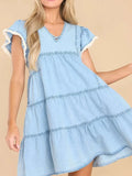 Ruffled Raw Hem Cap Sleeve V-Neck Denim Dress - Trendsi