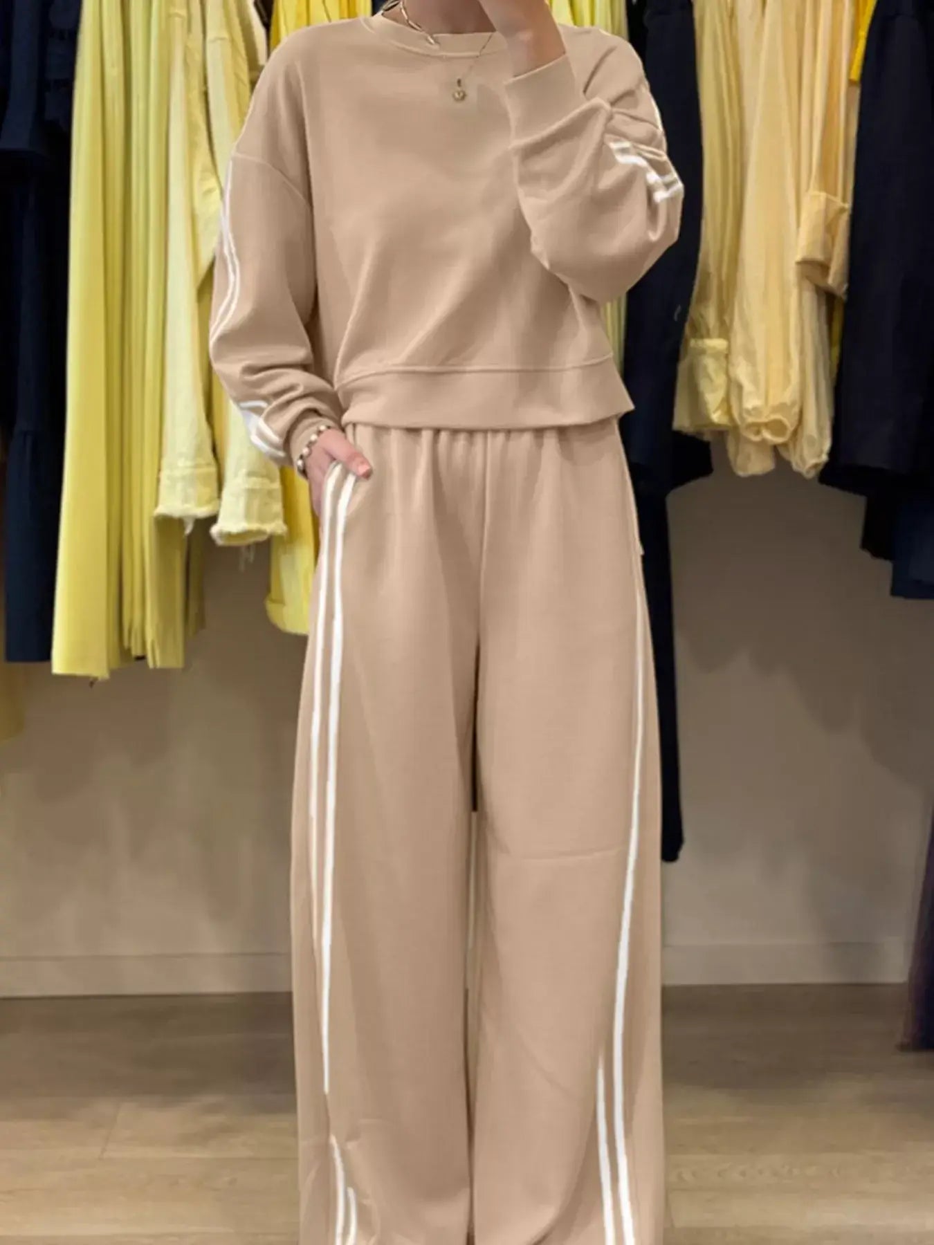 Striped Detail Crewneck Top and Elastic Sweatpants 2pcs Set - Trendsi - Flyclothing LLC
