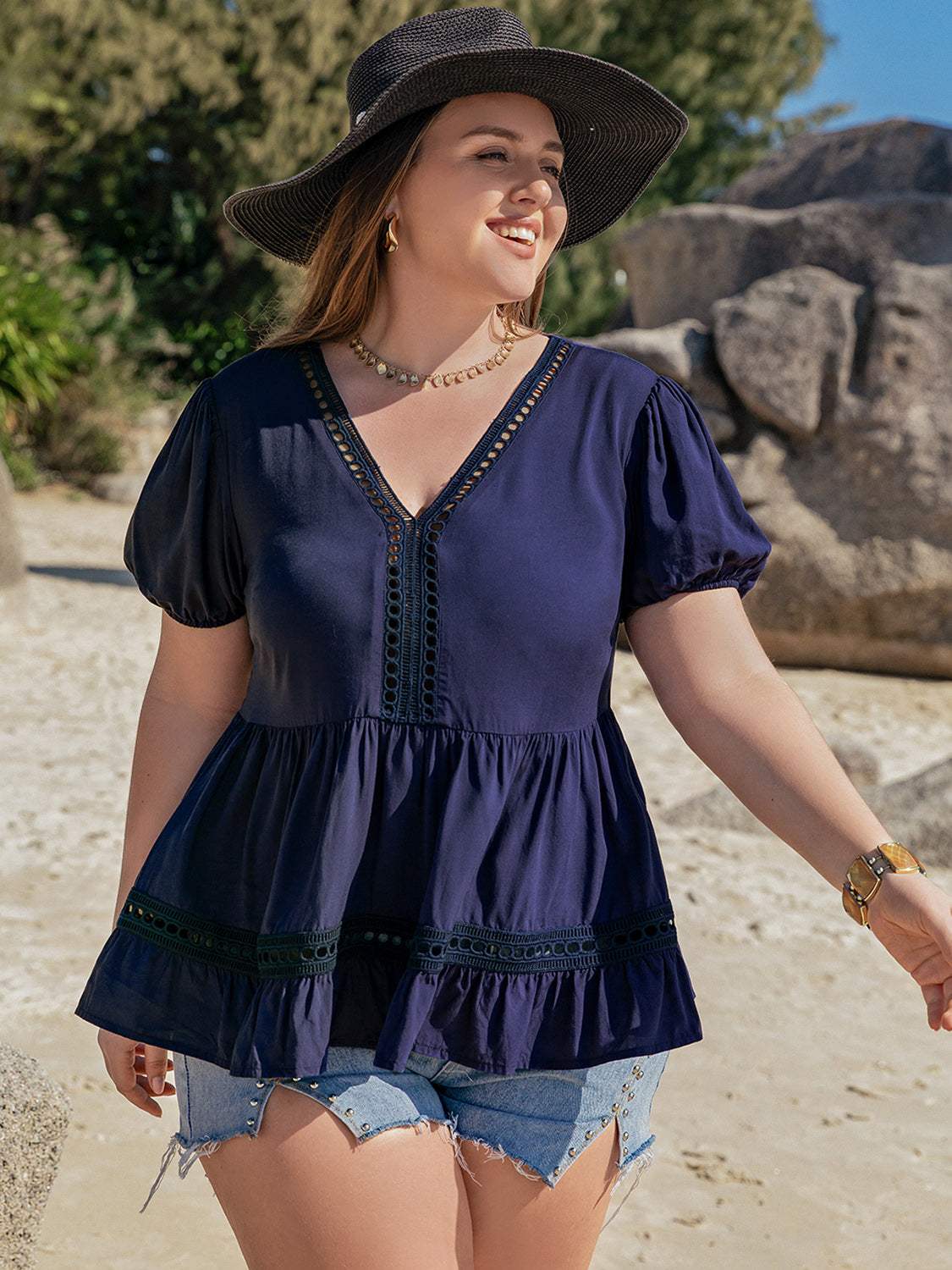 Plus Size Peplum V-Neck Short Sleeve Blouse - Trendsi - Flyclothing LLC