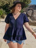 Plus Size Peplum V-Neck Short Sleeve Blouse - Trendsi - Flyclothing LLC