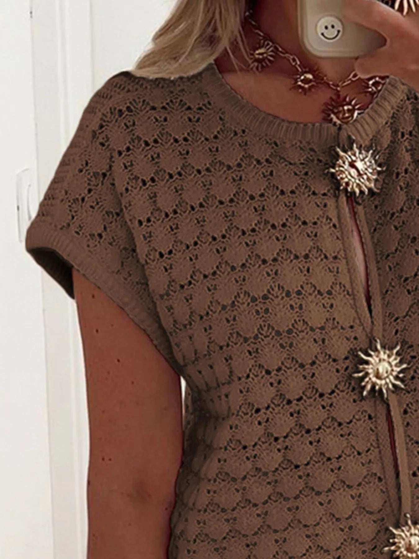 Crochet Short Sleeve Button Front Cardigan - Trendsi - Flyclothing LLC