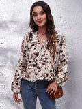 Ruched Printed V-Neck Long Sleeve Blouse - Trendsi - Flyclothing LLC