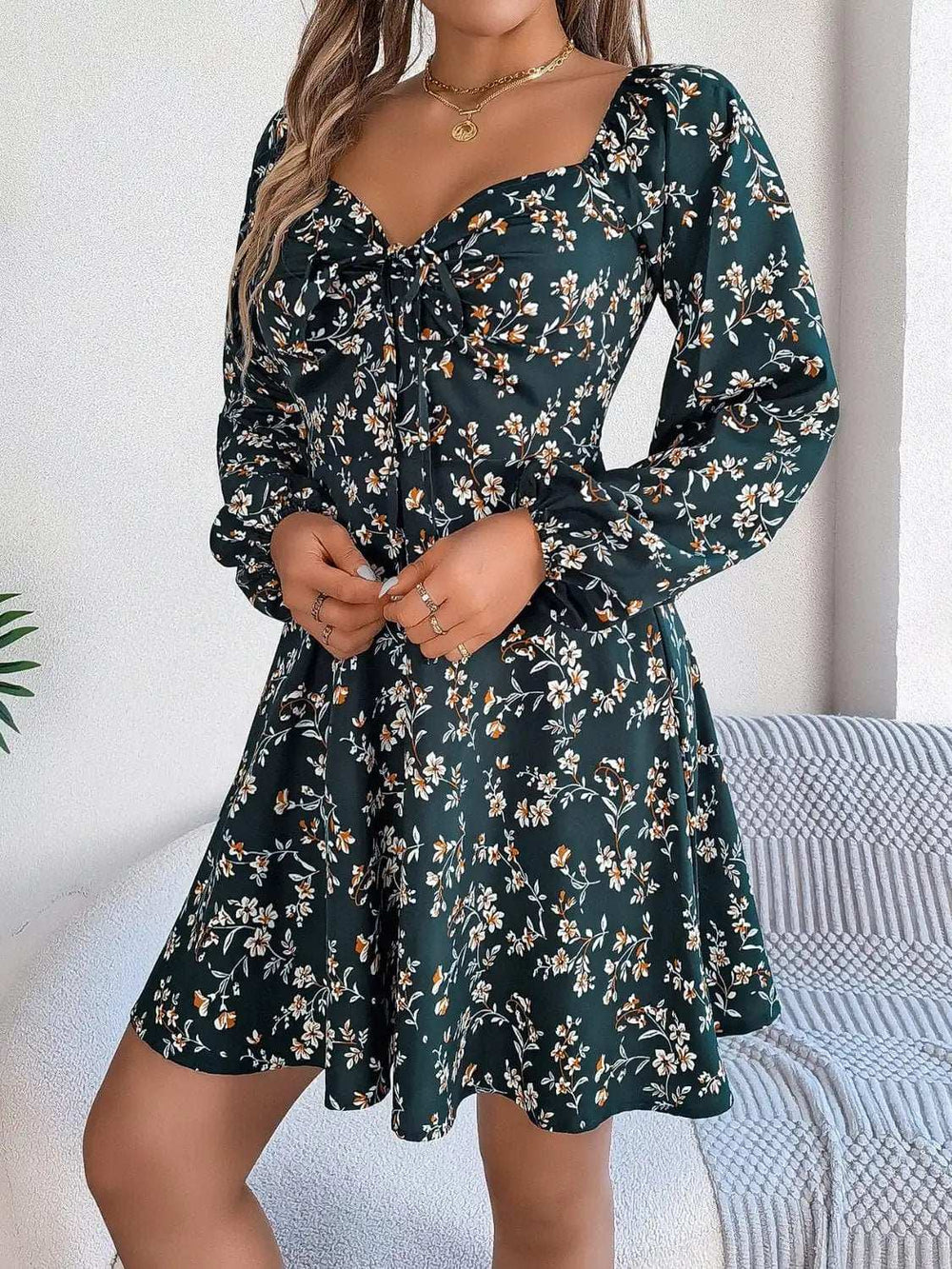 Printed Sweetheart Neck Balloon Sleeve Mini Dress - Trendsi - Flyclothing LLC