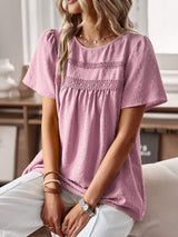Lace Detail Round Neck Short Sleeve Blouse - Trendsi - Flyclothing LLC