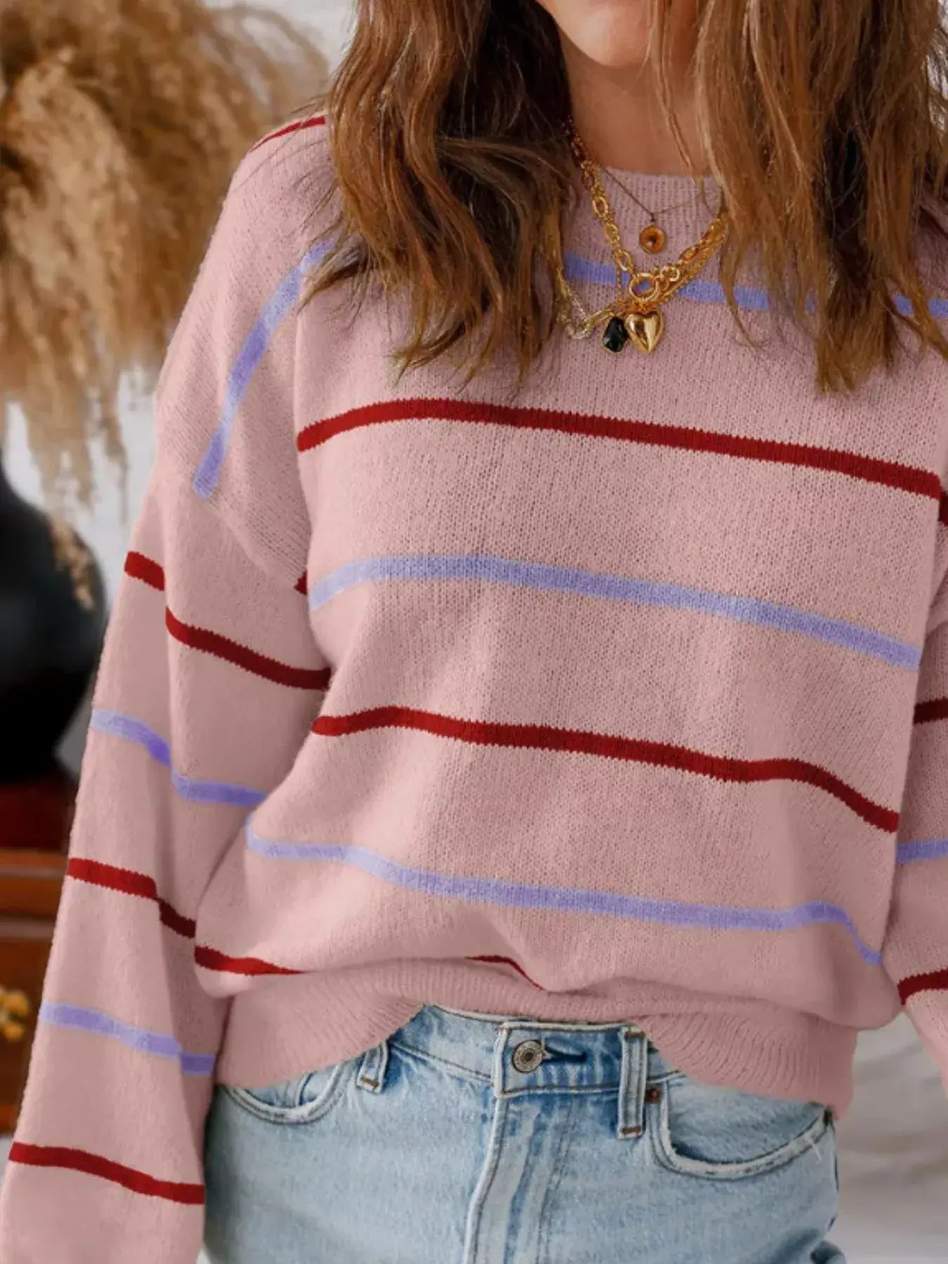 Striped Round Neck Drop Shoulder Sweater - Trendsi - Flyclothing LLC
