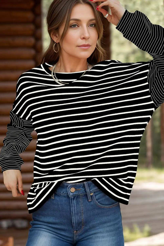 Striped Round Neck Dropped Shoulder Top - Trendsi - Flyclothing LLC