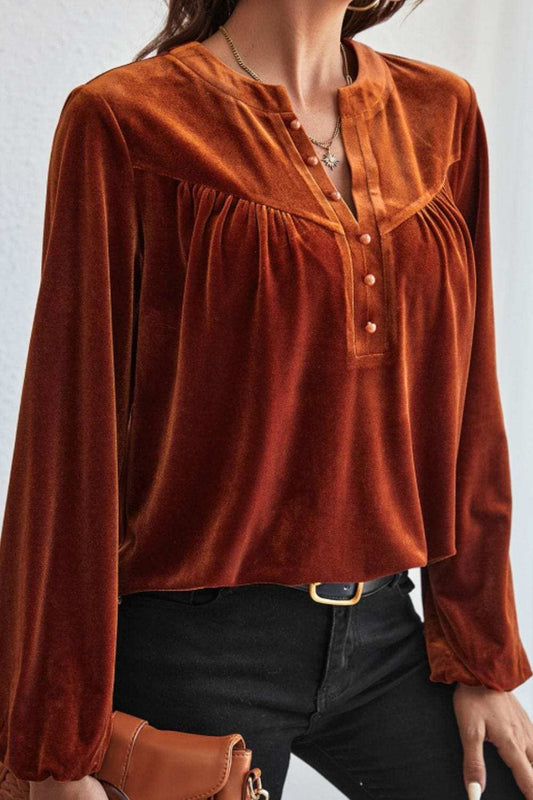 Notched Long Sleeve Velvet Top - Trendsi - Flyclothing LLC