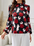 Frill Floral Mock Neck Long Sleeve Top - Trendsi