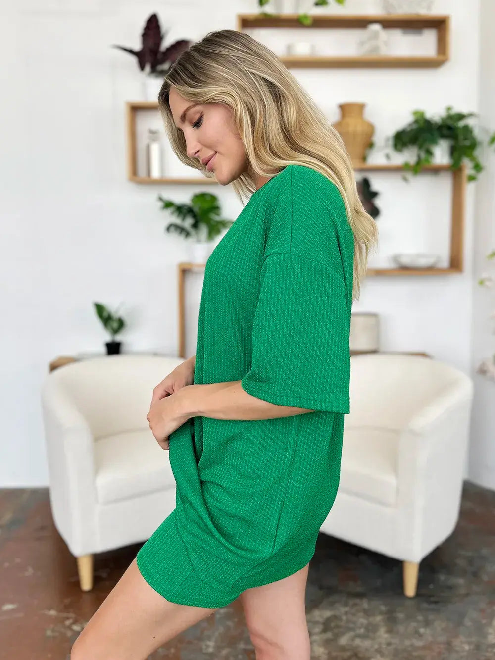 Double Take Full Size Texture Round Neck Drop Shoulder T-Shirt and Shorts Set - Trendsi - Flyclothing LLC