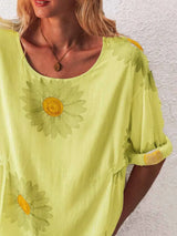 Full Size Flower Round Neck Half Sleeve T-Shirt Plus Size - Trendsi - Flyclothing LLC