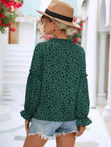 Animal Print Tie Neck Flounce Sleeve Blouse - Trendsi - Flyclothing LLC