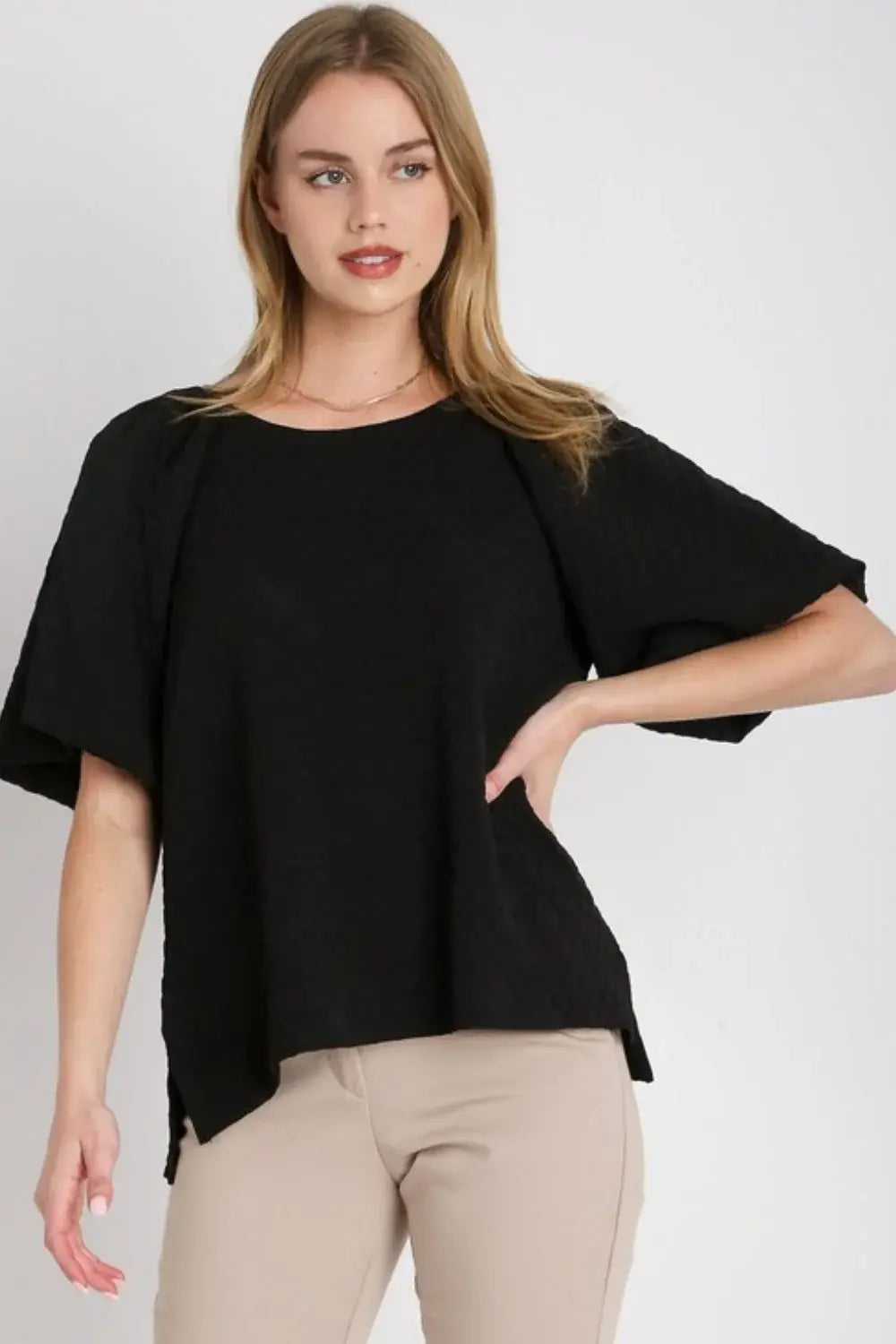 Umgee Full Size Boxy Cut Jacquard Round Neck Top with Side Slit Plus Size - Trendsi - Flyclothing LLC
