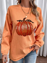 Halloween Sequined Pumpkin Ribbed Round Neck Sweatshirt - Trendsi - Flyclothing LLC