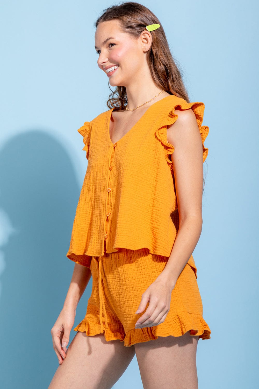 Ruffled V-Neck Cap Sleeve and Shorts Set - Trendsi