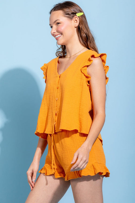 Ruffled V-Neck Cap Sleeve and Shorts Set - Trendsi