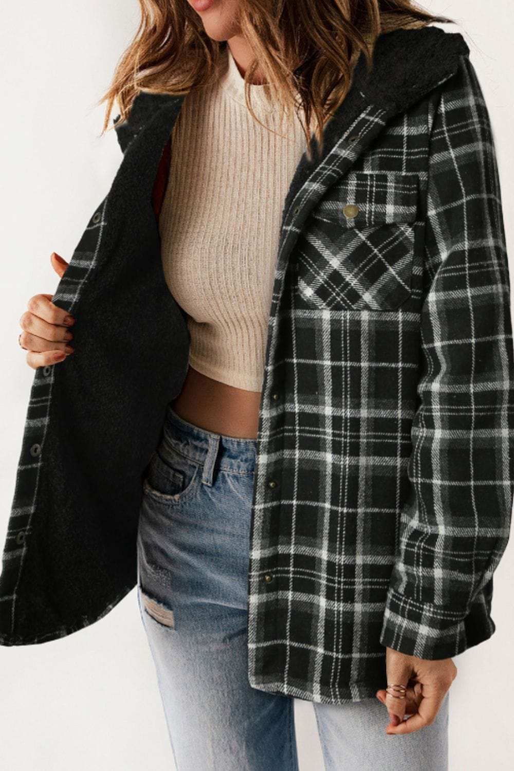 Plaid Button Up Long Sleeve Hooded Jacket - Trendsi - Flyclothing LLC