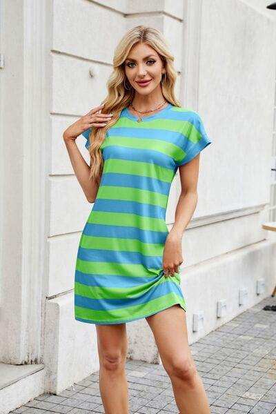 Tied Contrast Striped Short Sleeve Mini Tee Dress - Trendsi - Flyclothing LLC