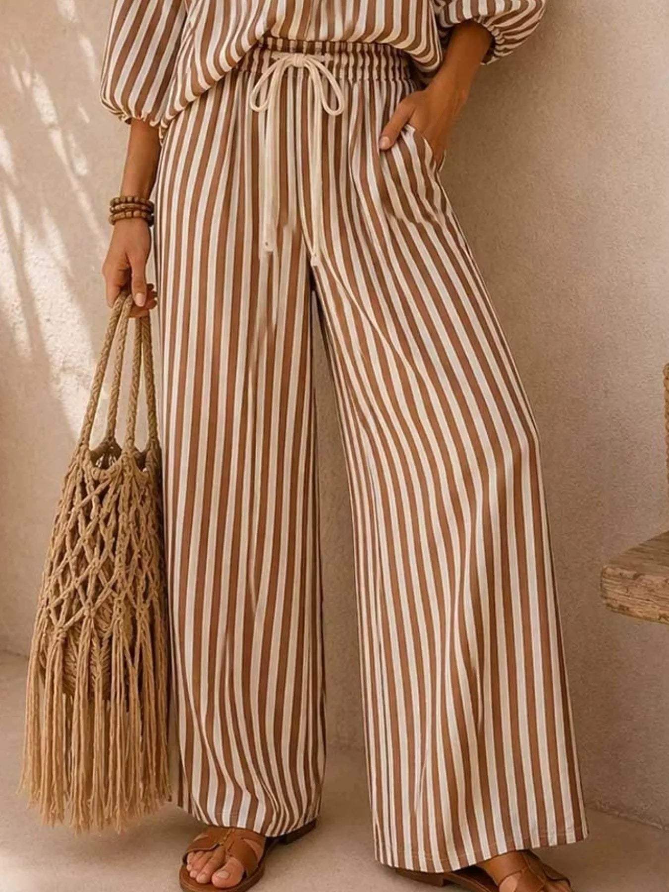 Full Size Striped Puff Sleeve Shirt and Wide-Leg Drawstring Pants Set Plus Size - Trendsi - Flyclothing LLC