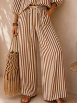 Full Size Striped Puff Sleeve Shirt and Wide-Leg Drawstring Pants Set Plus Size - Trendsi - Flyclothing LLC