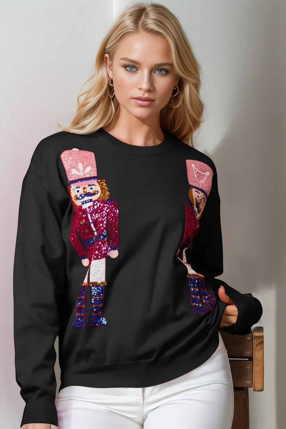 Double Take Full Size Nutcracker Sequin Long Sleeve Sweater - Trendsi - Flyclothing LLC