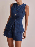 Button Down Vest and Shorts Denim Set - Trendsi