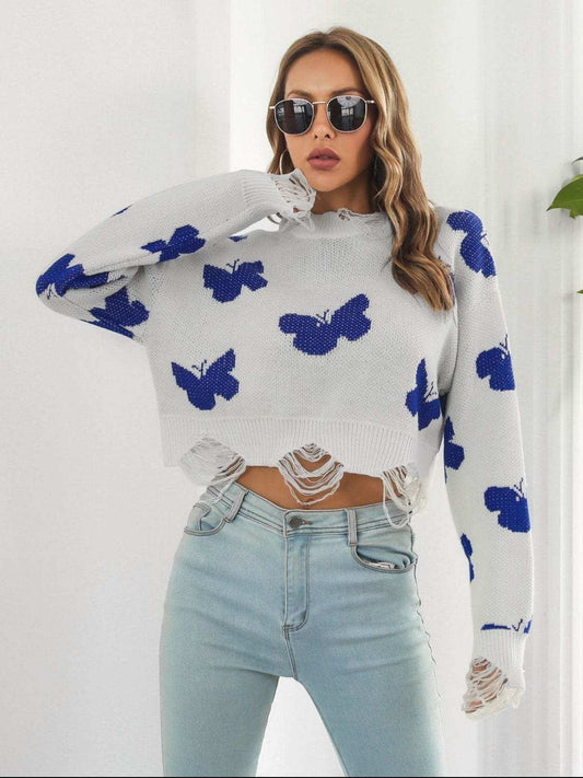 Distressed Butterfly Cropped Sweater - Trendsi - Flyclothing LLC