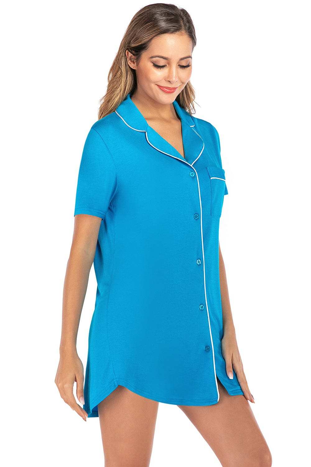 Contrast Piping Pocketed Short Sleeve Lounge Dress - Trendsi - Flyclothing LLC