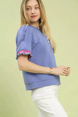 Umgee Puff Sleeve Button Front Top with Contrast Trim - Trendsi - Flyclothing LLC