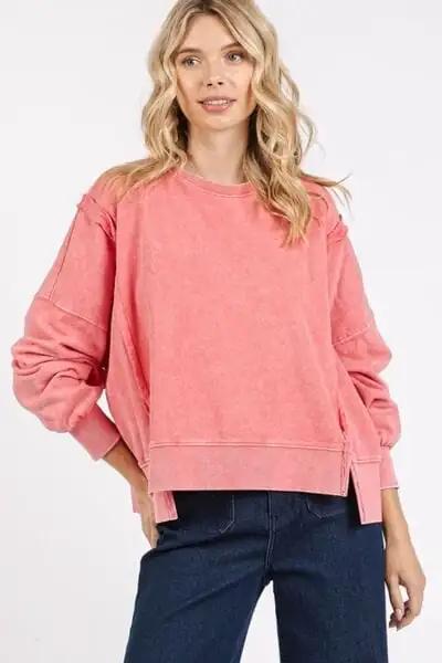 Mittoshop Side Slit Exposed Seam Round Neck Sweatshirt - Trendsi