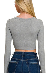 Zenana Seamless Fitted Rib V-neck Long Sleeve Crop Top - Trendsi - Flyclothing LLC