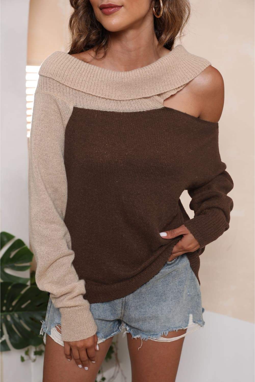 Asymmetrical Long Sleeve Two-Tone Cutout Sweater - Trendsi - Flyclothing LLC