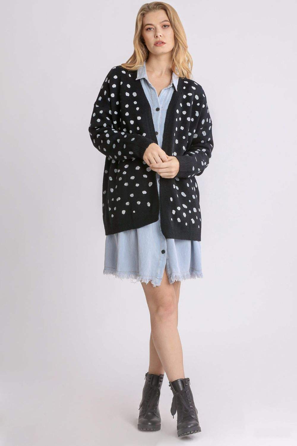 Umgee Polka Dot Open Front Drop Shoulder Cardigan - Trendsi - Flyclothing LLC