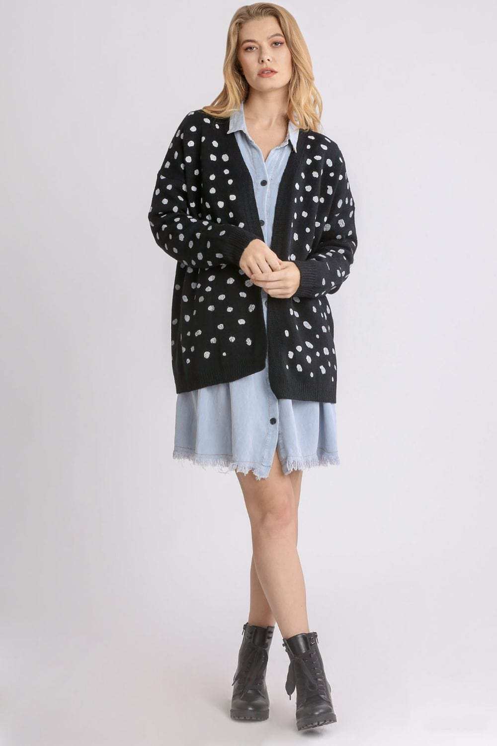 Umgee Polka Dot Open Front Drop Shoulder Cardigan - Trendsi - Flyclothing LLC
