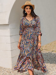 Printed Tie Neck Long Sleeve Midi Dress - Trendsi