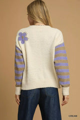 Umgee Flower Jacquard Striped Long Sleeve Sweater - Trendsi - Flyclothing LLC