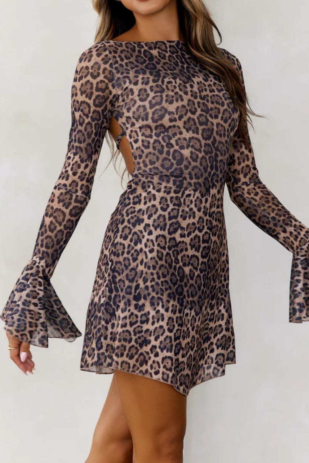 Backless Leopard Flare Sleeve Dress - Trendsi - Flyclothing LLC