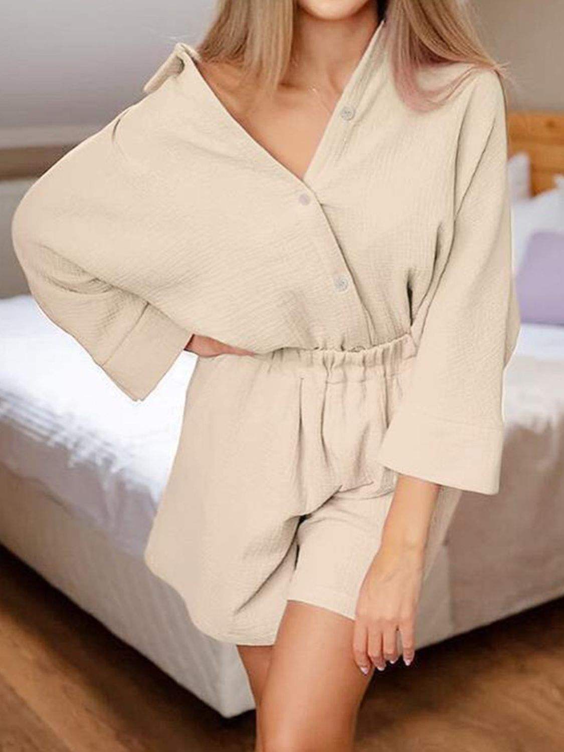 Texture Button Up Shirt and Shorts Set - Trendsi - Flyclothing LLC