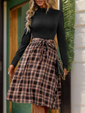Plaid Mock Neck Long Sleeve Dress - Trendsi