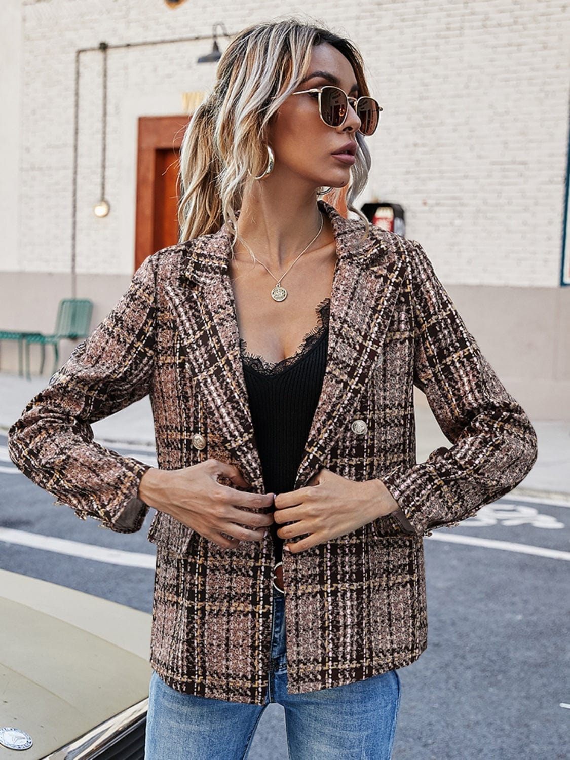 Full Size Plaid Lapel Collar Blazer - Trendsi