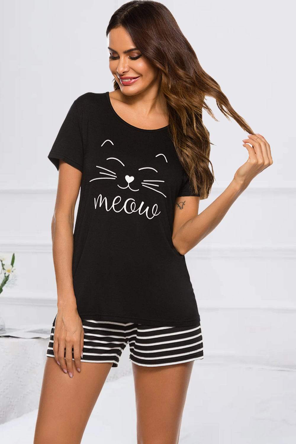 Graphic Round Neck Top and Striped Shorts Lounge Set - Trendsi - Flyclothing LLC