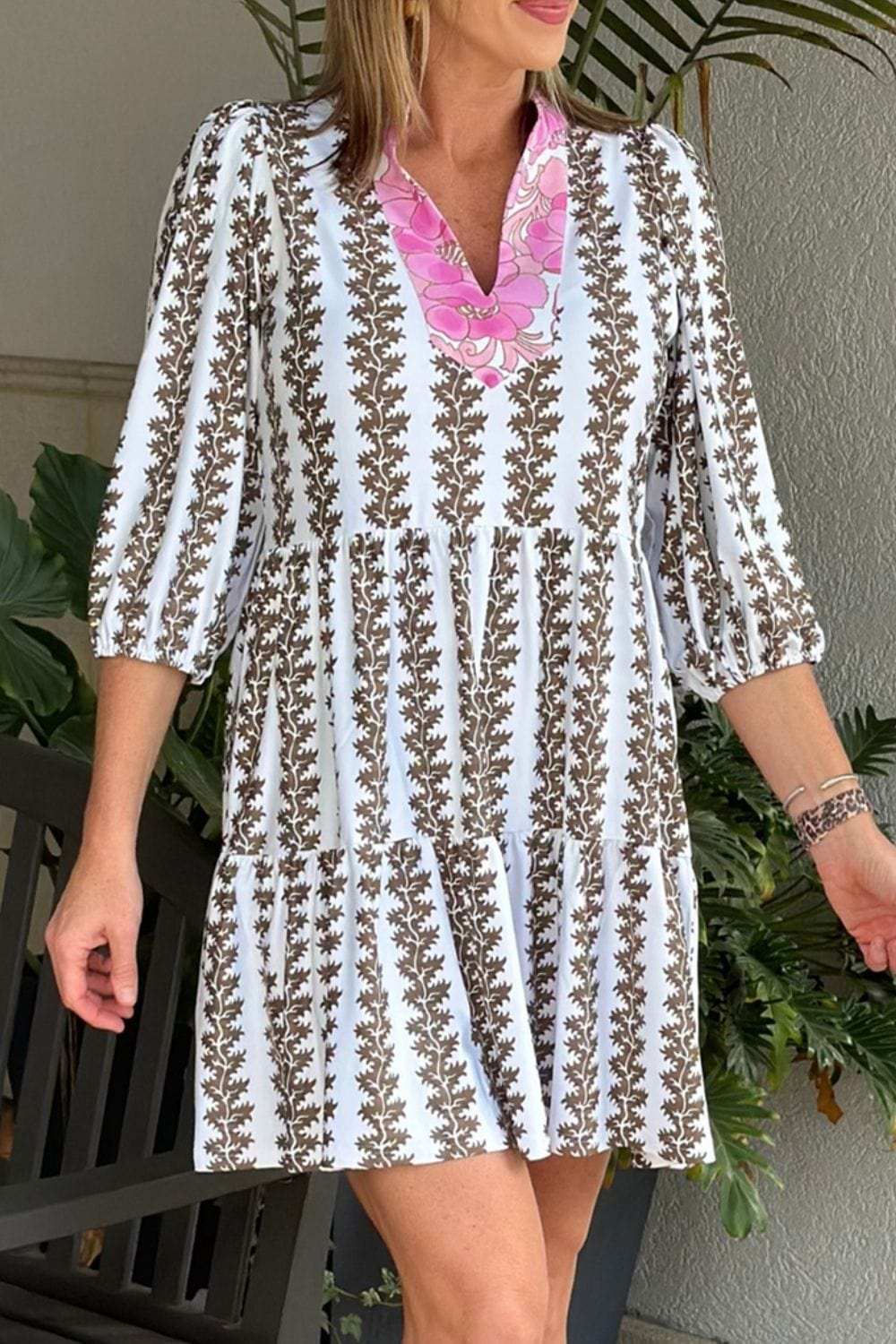 Printed Notched 3/4 Sleeve Mini Dress - Trendsi - Flyclothing LLC