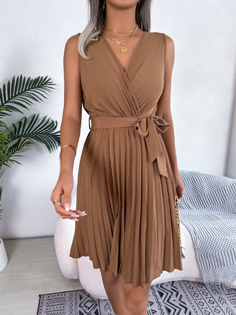 Tied Surplice Sleeveless Pleated Dress - Trendsi - Flyclothing LLC