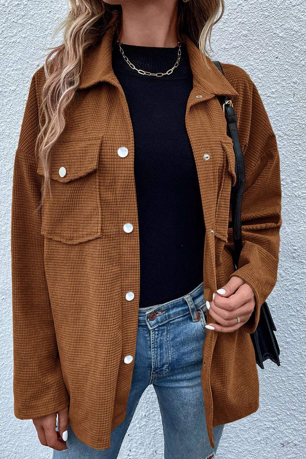Pocketed Snap Down Long Sleeve Jacket - Trendsi - Flyclothing LLC