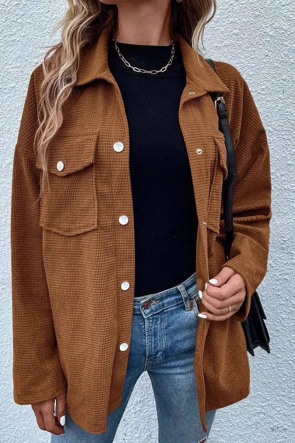 Pocketed Snap Down Long Sleeve Jacket - Trendsi - Flyclothing LLC