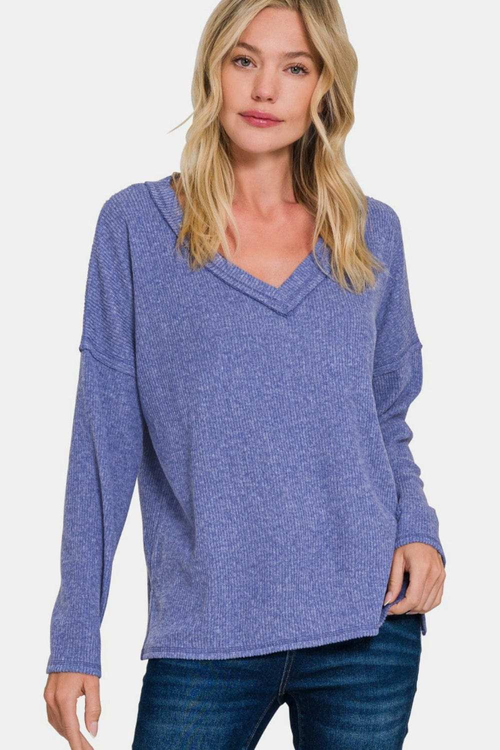 Zenana Full Size Ribbed V-Neck Drop Shoulder Top - Trendsi - Flyclothing LLC