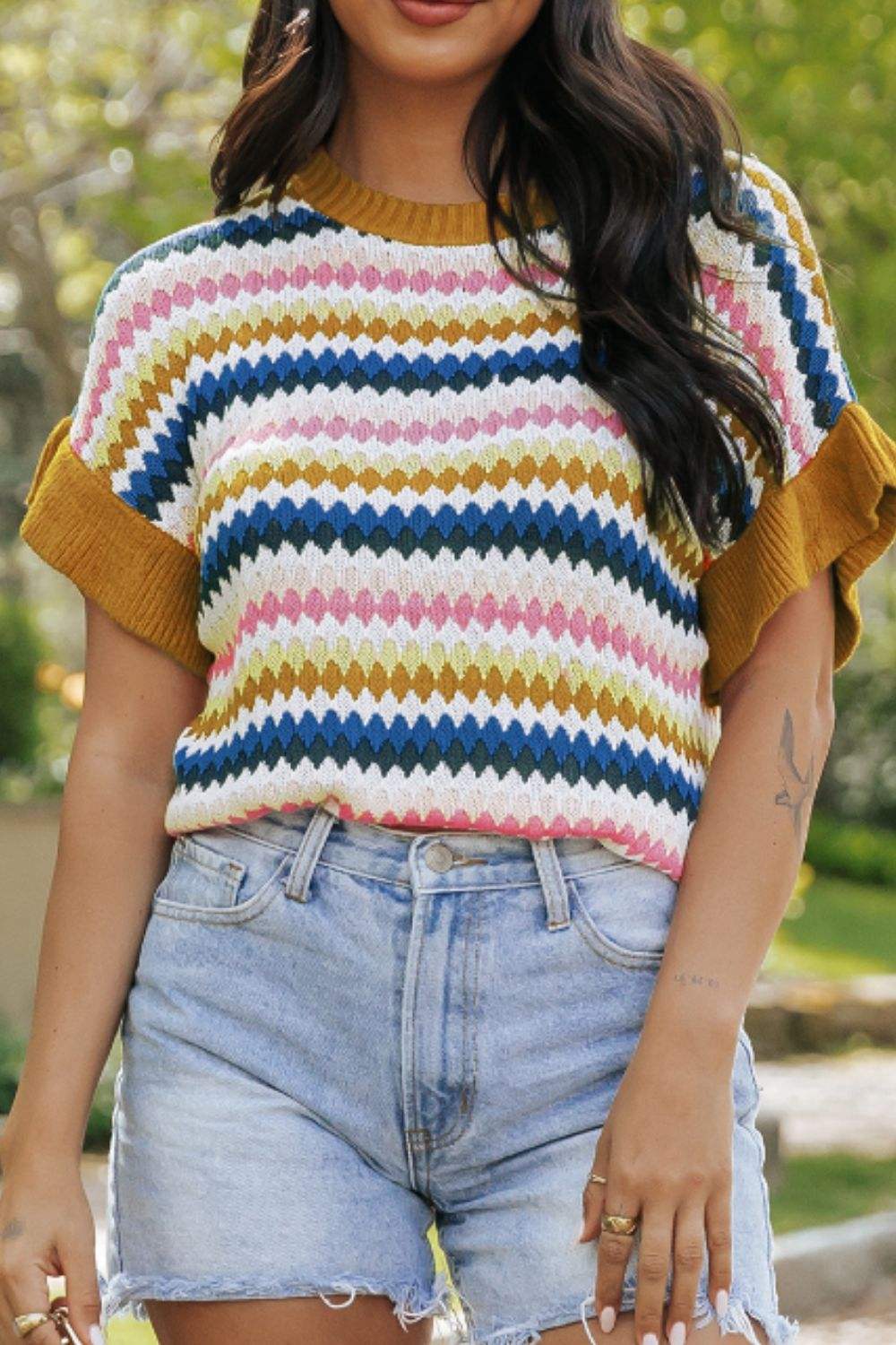 Contrast Round Neck Short Sleeve Sweater - Trendsi - Flyclothing LLC