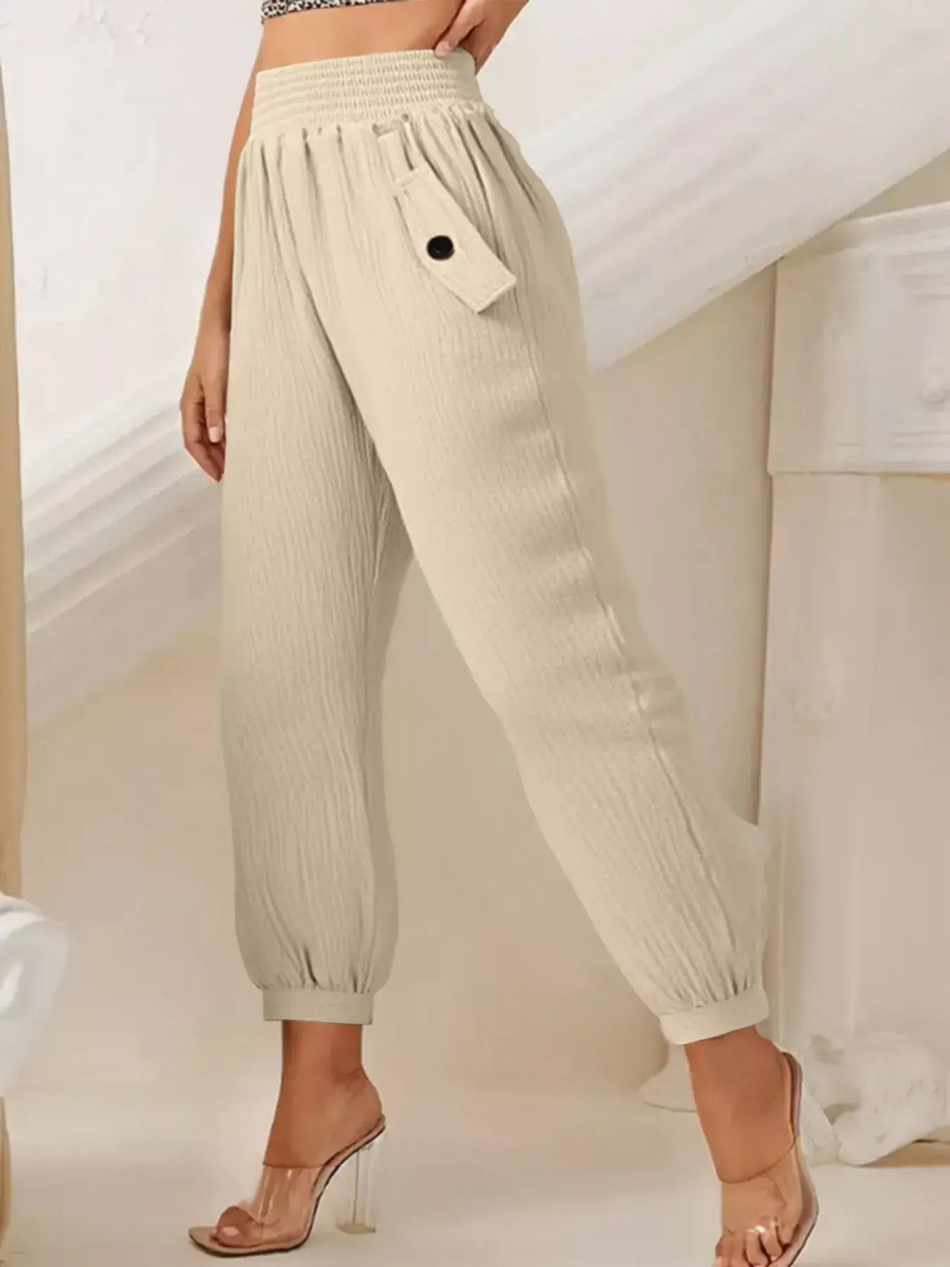 Smocked Textured Casual Pants - Trendsi - Flyclothing LLC