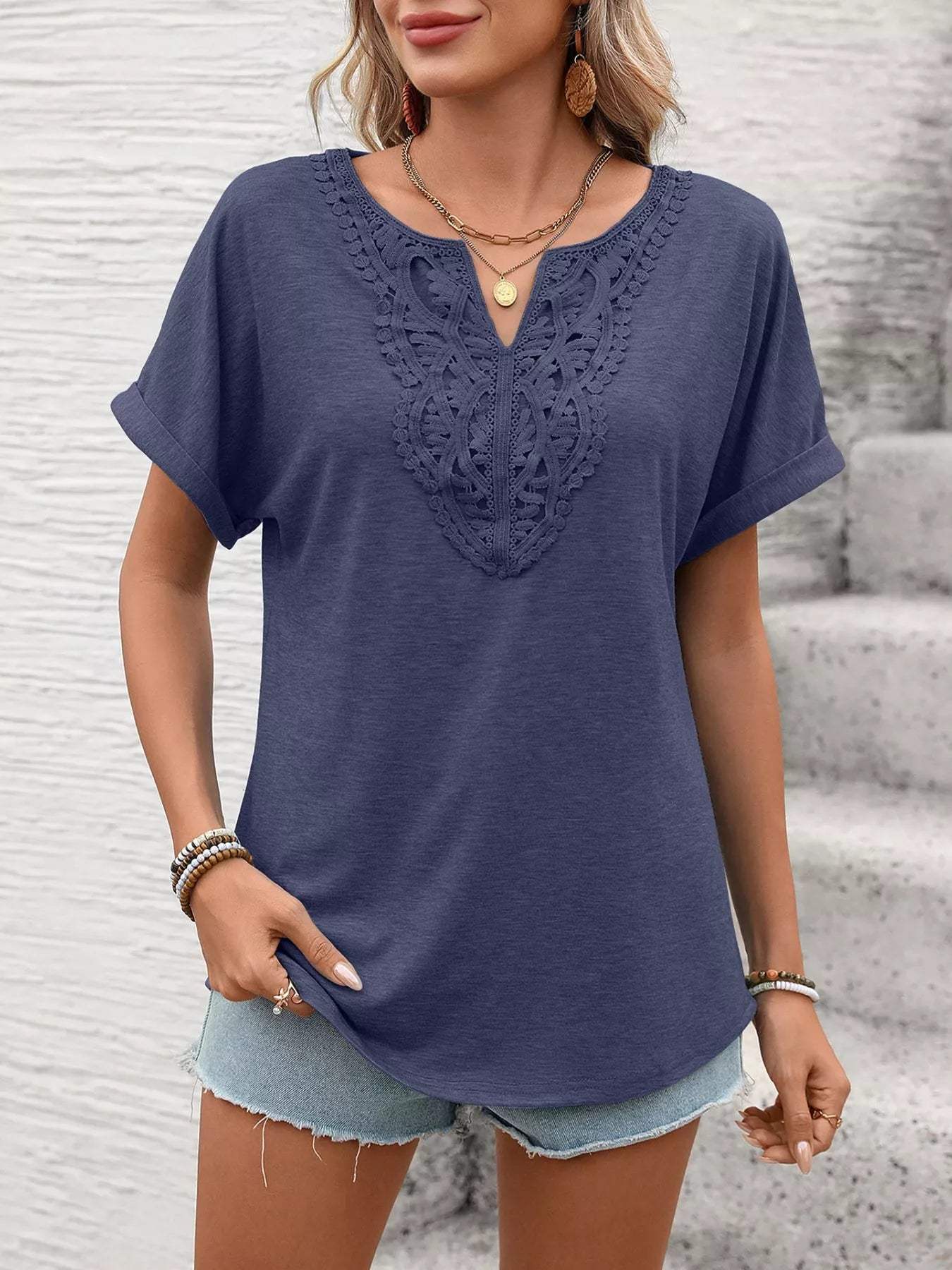 Lace Trim Short Sleeve T-Shirt - Trendsi - Flyclothing LLC
